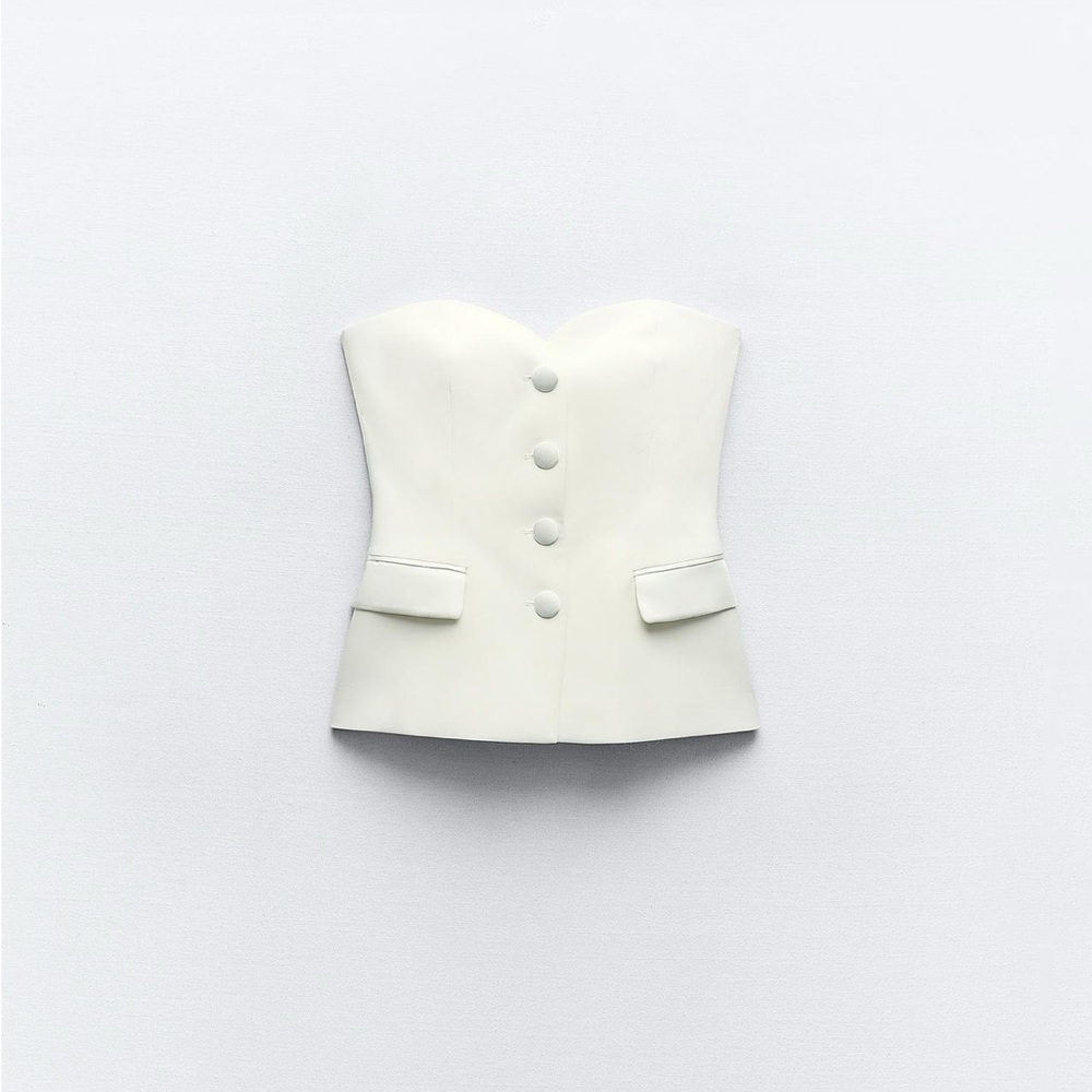 Zara Mixed Satin Effect Bustier Top with buttons Oyster White Small